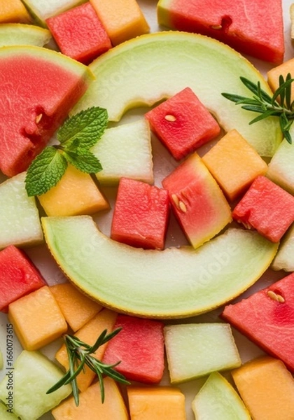 Fototapeta Cubed Watermelon and Cantaloupe with Mint and Rosemary