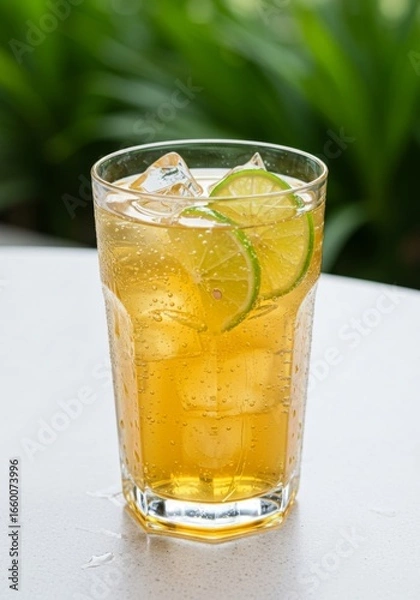 Fototapeta Iced Tea with Lime Slices in Glass on Table