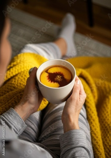 Fototapeta Person Relaxing with Warm Peach Tea Under Yellow Blanket