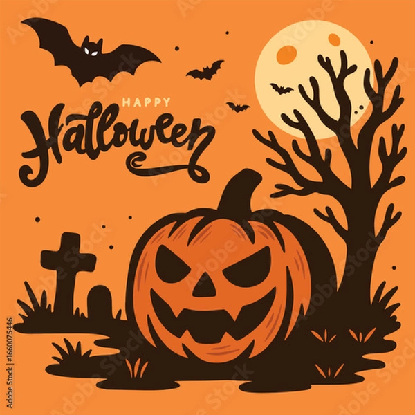Fototapeta Flat style of Halloween greeting card illustration featuring a spooky carved pumpkin with an evil smile,a bare tree,and bats.Minimalist orange and black design perfect for Halloween invitations..