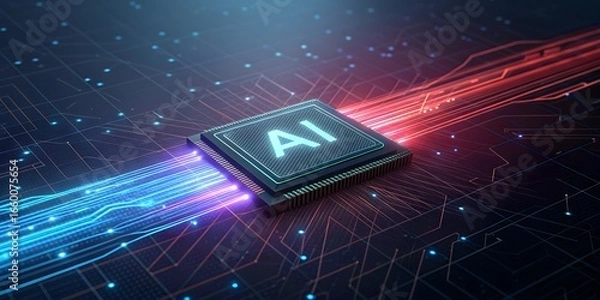 Obraz Artificial Intelligence Processor Unit With Glowing Circuits Digital Data Stream