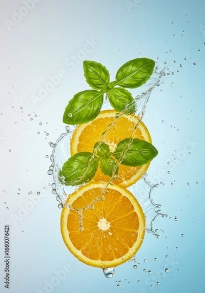 Fototapeta Two Orange Slices and Basil in Water Splash