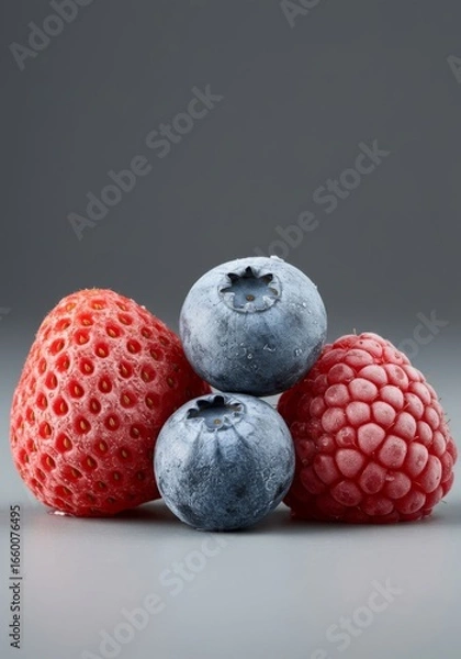 Fototapeta Frozen Berries Closeup: Red Strawberry, Blue Blueberries, and Raspberry on Gray