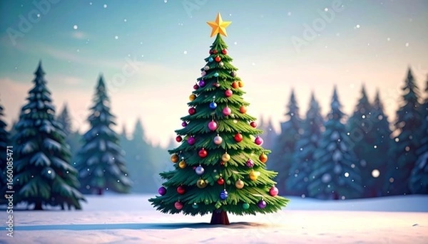 Fototapeta A majestic Christmas tree, adorned with colorful ornaments, stands proudly in a snowy forest.