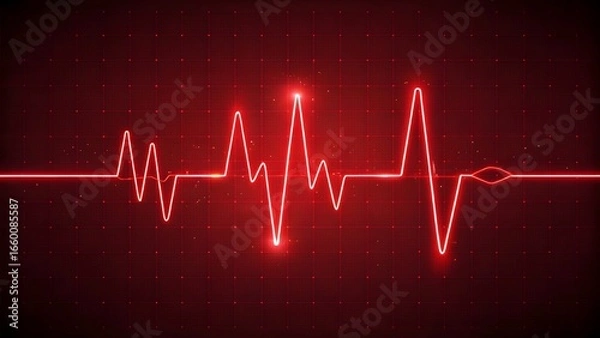 Fototapeta Abstract Red Neon Heartbeat Pulse Line on Dark Background Representing Life