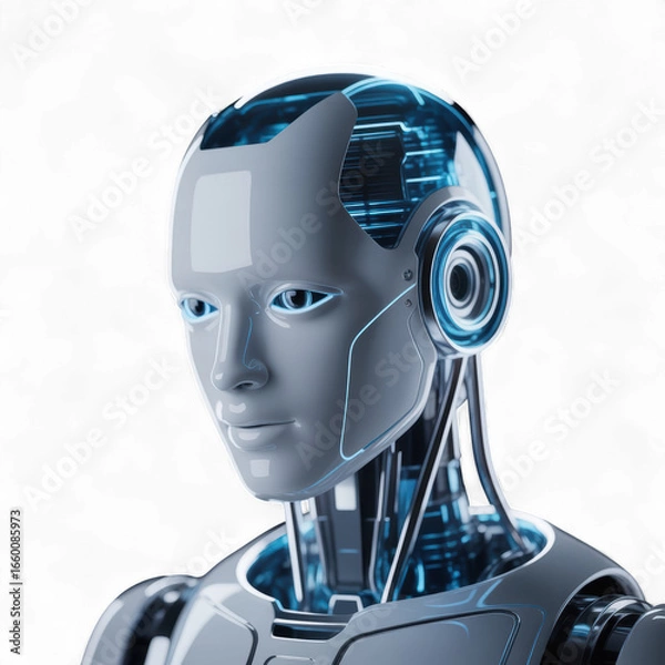 Fototapeta Close up of a futuristic robot with visible internal circuits against a black background in studio shot