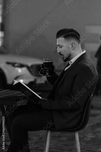 Fototapeta Elegant evening moment of a man sipping wine while deeply engrossed in a book at an outdoor cafe under soft city lights in a calm urban setting
