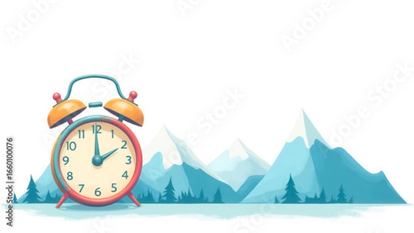 Fototapeta Cartoon Alarm Clock with Mountain Landscape in Background at Dawn or Dusk Time Concept