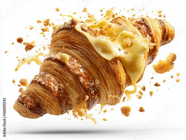 Fototapeta Croissant au beurre with melted butter dripping from layers, crumbs and flakes mid-air, isolated on white background, cinematic food photography, ultra realistic