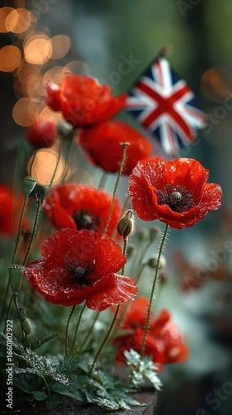 Fototapeta Red Poppies with Water Droplets and a Union Jack Flag in the Background