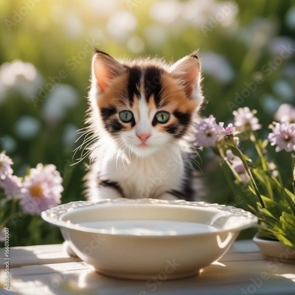 Fototapeta cute ginger kitten and a bowl of milk
