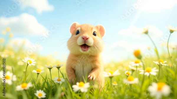 Fototapeta Cute Hamster Smiling in a Bright Flower Field Under Blue Skies and Soft White Clouds