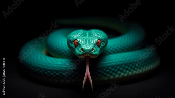 Fototapeta Vibrant Green Snake with Bright Eyes and Flicking Tongue on Dark Background