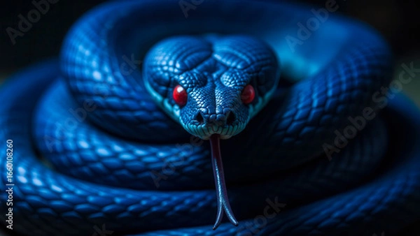 Fototapeta Striking Blue Snake with Vibrant Red Eyes in a Close-Up View on a Dark Background