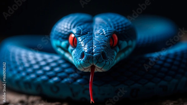 Fototapeta Vivid Blue Snake with Striking Red Eyes Posing on a Dark Background in Macro Photography Style