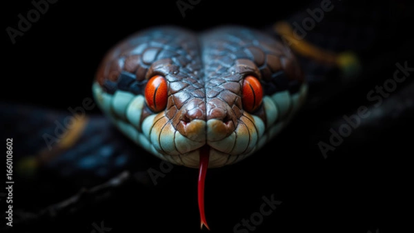 Fototapeta Close-Up of Colorful Snake with Bright Eyes and Flicking Tongue on Dark Background