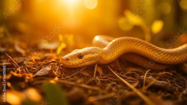Fototapeta Close-up of a Snake Slithering Through an Outdoor Environment in Beautiful Sunset Light