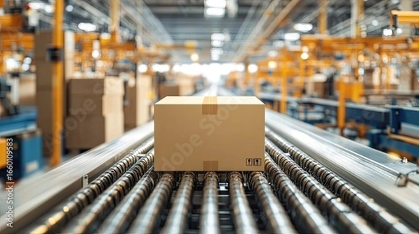 Fototapeta Cardboard box in focus on automated assembly line, showcasing modern manufacturing, robotics, and streamlined logistics process
