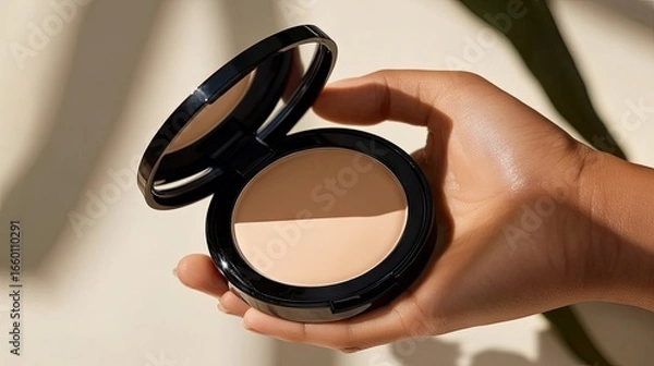 Fototapeta Close-up of hand lifting cushion foundation compact, open to reveal creamy foundation, emphasizing skincare and beauty lifestyle concept