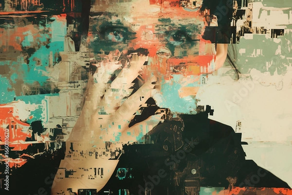 Fototapeta Abstract Digital Collage of a Man’s Face with Glitch Art Effects, Generative AI