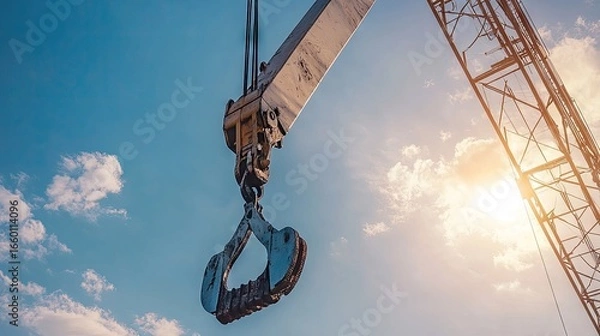 Fototapeta Low angle shot of massive crane arm with sturdy hook, framed by sunny sky, symbolizing construction industry, strength, and engineering achievement