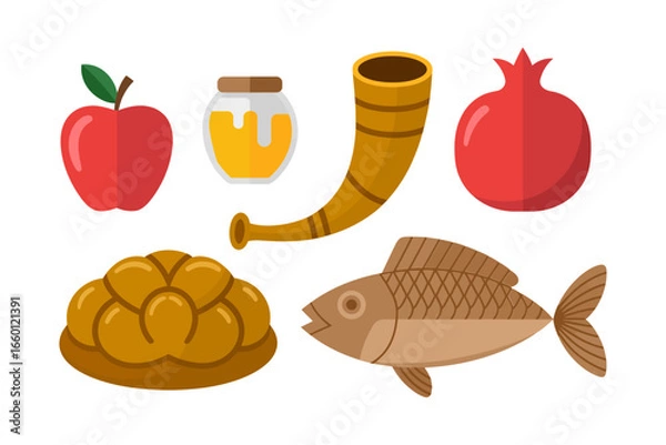 Fototapeta Sweet new year foods, apple honey pomegranate dates grapes with challah, festive celebration vector set