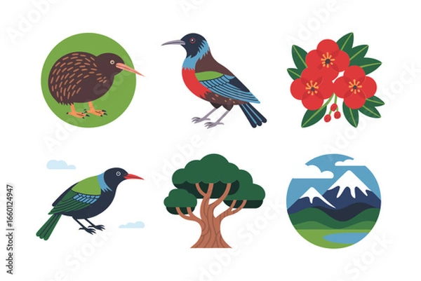 Fototapeta New Zealand bird and scenery set, songbird on branch, volcano mountain and lake, native flora, travel poster elements, vector clipart, tourism graphics, nature adventure design