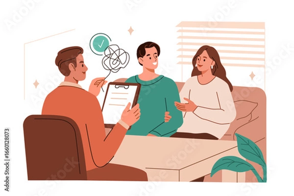 Fototapeta Family counseling therapist consulting a couple to improve their relationship, build trust, communication. Psychological help concept. Vector illustration.