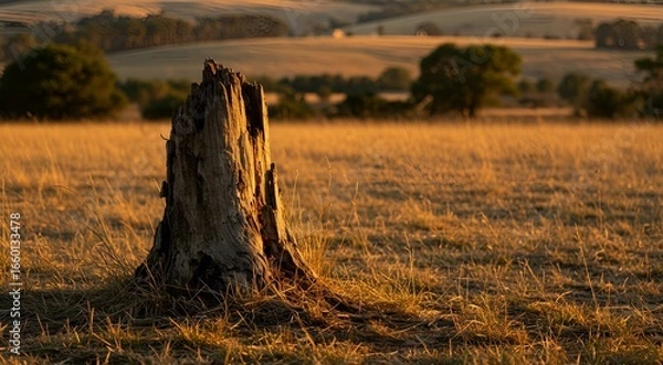 Fototapeta A rugged, weathered tree stump stands prominently in a field of tall, golden-brown grass. The low evening sun casts a warm, soft light, highlighting the intricate texture of the wood and the dry stalk