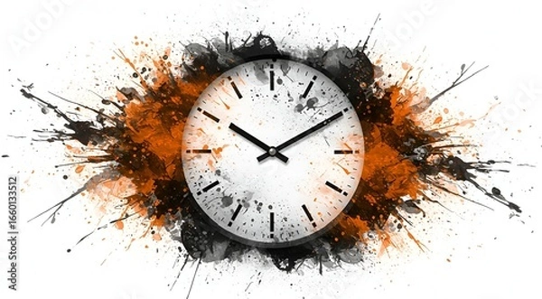 Fototapeta ​A round, classic white clock face with black numbers is centered within a dramatic, chaotic splash of black and orange paint. The paint splatters outward, suggesting an explosion or a burst of energy