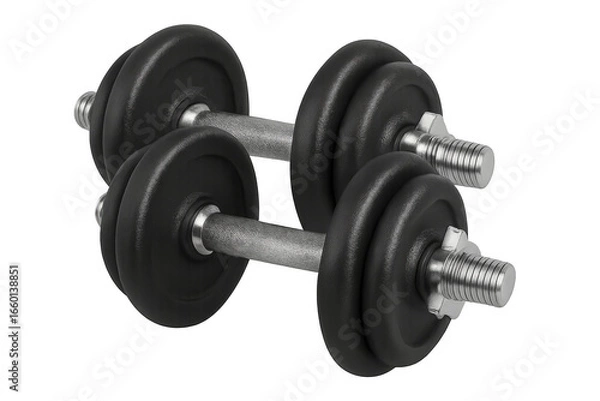 Fototapeta Two black dumbbells with metal grip lying on transparent background