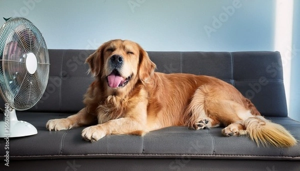 Fototapeta golden retriever relaxing on couch in front of fan