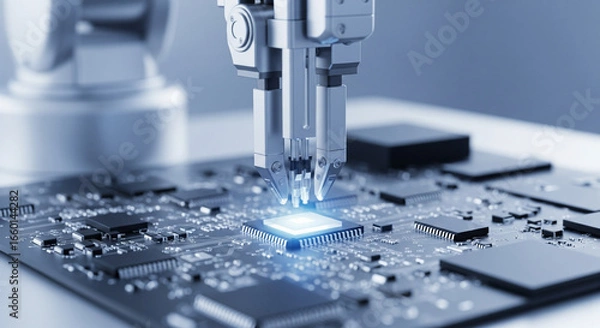 Fototapeta Robotic Arm Installing Microchip on a Circuit Board