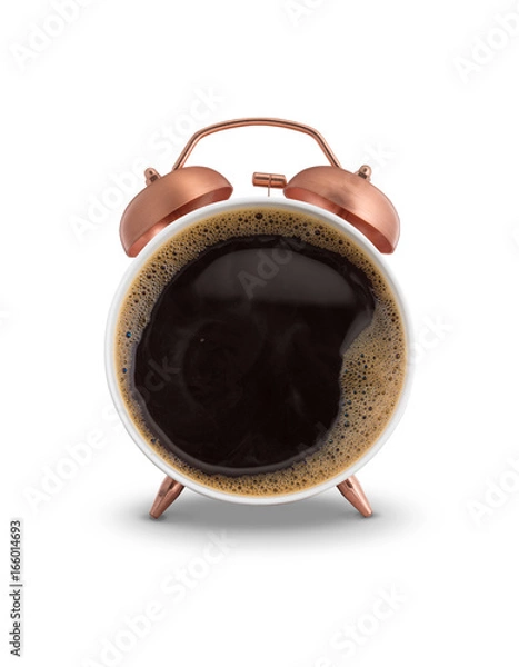 Obraz Twin bell alarm clock with coffee mug white background