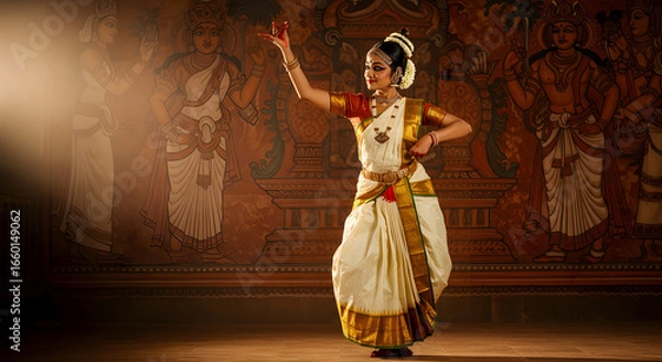 Obraz Mohiniyattam dancer woman performance art culture Kerala India tradition saree grace beautiful mural stage light classical dance background