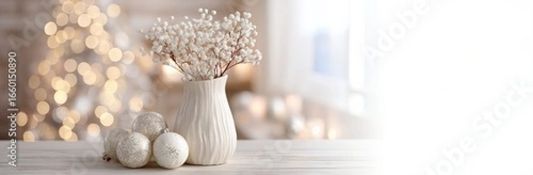 Fototapeta Luxury Christmas composition with soft white stems, flowers in ceramic vase, arranging gold patterned baubles creating serene holiday style with blurred window in background. Xmas card, greetings.
