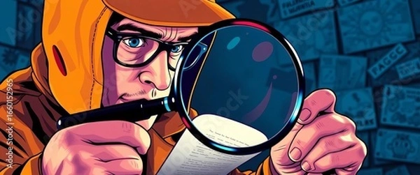 Fototapeta Detective investigates clue with magnifying glass, vibrant pop art style,   intrigue,   law