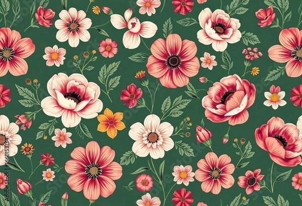 Fototapeta Hand-drawn retro floral seamless pattern; vintage botanical blooms, flat style, beautiful flowers, fabric print, wrapping paper,  design element,  surface pattern