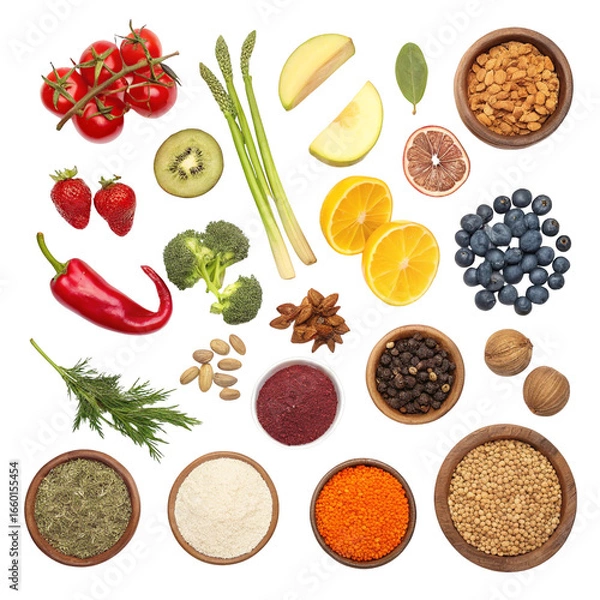 Obraz Assorted food ingredients illustration isolated on white background in fresh kitchen design
