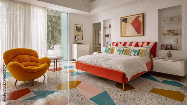 Fototapeta Luxurious Bedroom with Colorful Terrazzo Floor and Mid-Century Modern Decor  Stylish Interior, Retro Elegance, and Vibrant Design  made with generative AI