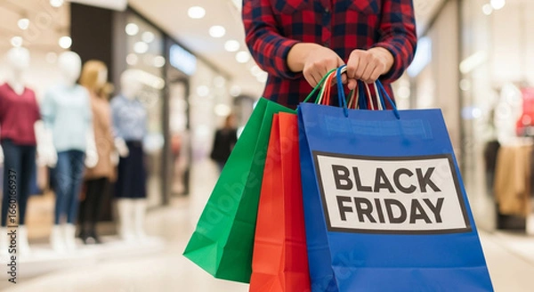 Fototapeta A shopper in a bustling mall proudly displays colorful shopping bags with Black Friday branding a perfect image capturing the excitement of the holiday retail season