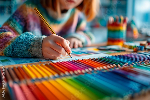 Obraz Young student drawing with colored pencils at school desk