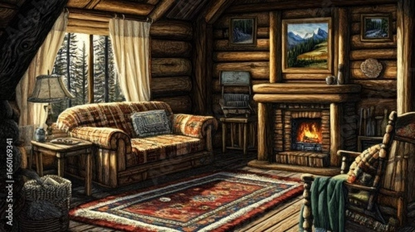 Obraz Cozy log cabin interior with fireplace and window view
