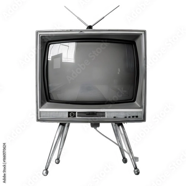 Obraz レトロな白黒テレビ 金属製の足とアンテナ付きの古い家電製品