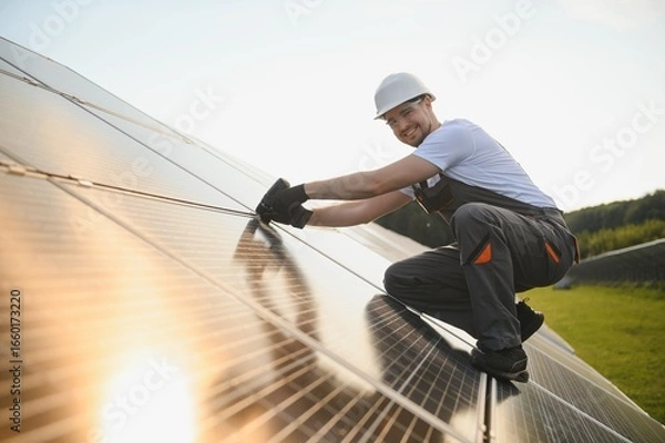 Fototapeta Man technician mounting photovoltaic solar moduls. Engineer in helmet installing solar panel system outdoors