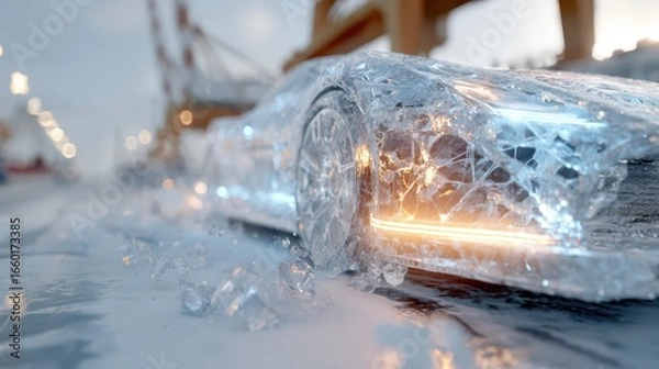 Fototapeta Futuristic car design with ice texture and glowing lights in a dynamic urban environment