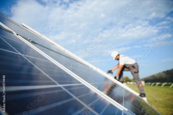 Fototapeta Indian man in uniform on solar farm. Competent energy engineer controlling work of photovoltaic cells