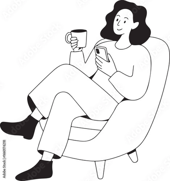 Obraz Woman Drinking and Using Phone