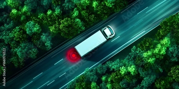 Fototapeta Autonomous truck with futuristic technology through forest area.