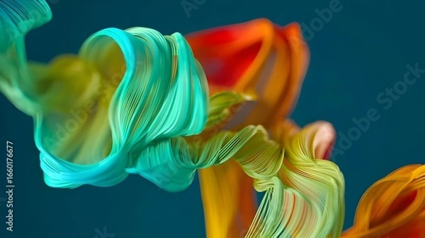 Fototapeta Vibrant abstract fluid art with swirling colorful ribbons against a dark background